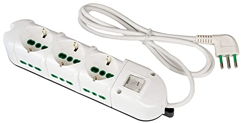 FANTON 481224-B Multipresa elettrica 9 posti con 3 prese universali e 6 prese bivalenti italiane laterali ciabatta spina piccola 10A cavo 1,5mt - colore bianco