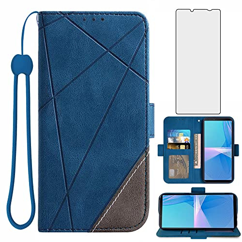 Asuwish Handyhülle für Sony Xperia 10 III 5G XQ-BT52 Hülle mit Glas Folie Schutzfolie Kartenfach Klappbar Leder Geldbörse Ständer 10III 3 Lite Handy Hüllen Schutzhülle Schutzglas Cover Phone Case Blau