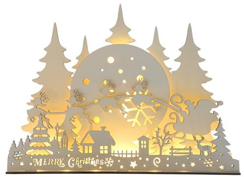 VEYLIN Wood Christmas Light Up Tabletop Decoration, Table Lighted Wooden Decoration For Party Favors Home Indoor