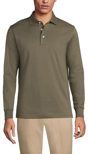 Lands' End - Men’s Long Sleeve Supima Green Polo Shirt - Size L - Traditional Fit - 100% American-Grown Supima Cotton - Soft Interlock Jersey - Rib-Knit Collar & Cuffs - Men's Clothing