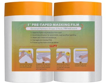 LLPT Tape and Drape Pre-Taped Masking Film | 2-Pack | 110cm(Unfolded) x 33m | Versatile Painter's Plastic Dust Sheets | for Auto Wall Furniture Painting and Spraying Protection (MFTO1133)