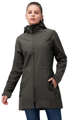 33,000ft Damjacka vattentät softshell lång lättviktig jacka med huva regnjacka softshell vindjacka för utomhusaktiviteter löpning vandring, Mörk khaki, XL