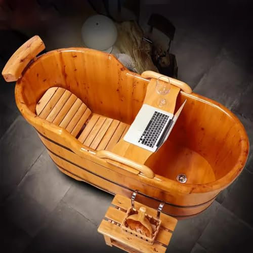 MegLob Wooden Free Standing Bathtub Lit, SPA Center Deep Soaking Tub for Adults, Mobile Solid Wood Soaker with Wooden Tray, Classic Cypress All-Wood Bathtub with Tub Chair,100cm/39.37