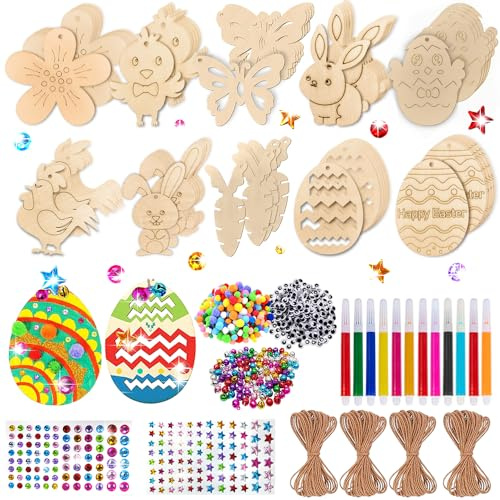 Pascua Manualidades de Madera,264 Piezas,Decoracion Pascua,Manualidades de Pascua para Niños,Para Pintar Huevo Pascua de Madera Conejo,Con Cuerda para Colgar de Manualidades niños