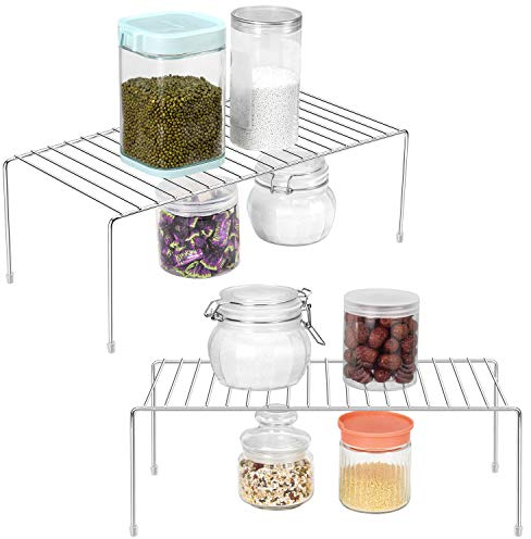 QIWODE Küchenschrank Organizer，Küchenschrankregal Drahtgestell - 2er Pack Schrankregal Aufbewahrungs Organisator für Küchenschrank, Speisekammer, Arbeitsplatten und Kühlschrank - Chrom