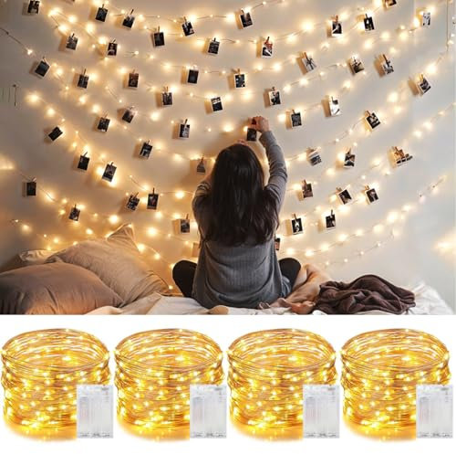 Battery Fairy Lights, 4 Pack 10M 100 LED Battery Operated String Lights Copper Wire for Indoor Outdoor Christmas Decor, Warm White Firefly Lights for Bedroom,Party, Wedding, Birthday