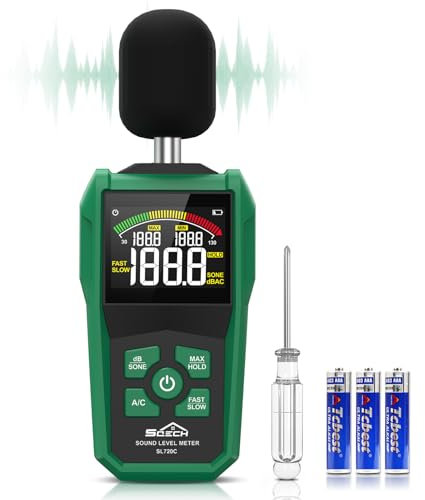 Sonometro, SQECH Medidor Decibelios con Pantalla Retroiluminada a Color,Medidor de Decibelios con Ponderación de A/C,Unidades dB/SONE,Respuesta RÁPIDA/LENTA,Max/Min,Retención de Datos,Rango 30-130dB