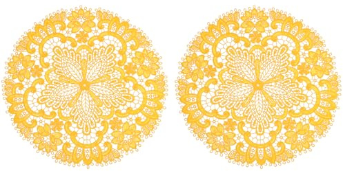 QUARKZMAN 2Pcs Napperons en Dentelle Rétro, 10.6x10.6inch Ronds Doilies Crochet Français Napperon Central Creux pour Vase Fleurs pour Table À Manger Décoration De Maison, Jaune Mat