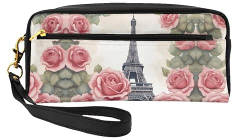 Trousse per cosmetici - Torre Eiffel con stampa di fiori di rosa, piccola borsa per il trucco da viaggio, organizer per articoli da toeletta con custodia con cerniera, nera, taglia unica, Nero, One
