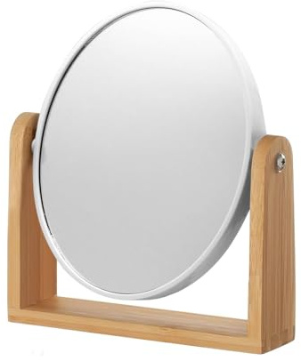 MEETOZ Miroir de maquillage de table avec support en bambou naturel, 20,3 cm, 1X/3X (blanc-ovale)