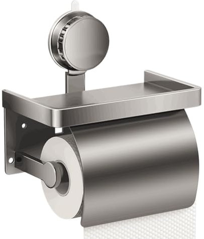 Porte-Rouleau de Papier Toilette avec étagère - en Acier Inoxydable - sans perçage - avec Ventouse - Chrome Poli - Gris