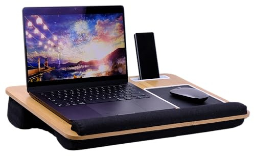Plateau pour ordinateur portable avec coussin - Bureau réglable pour lit et canapé - Tapis de souris intégré, repose-poignets et support de téléphone - Tablette portable pour écrire et jouer (noir)