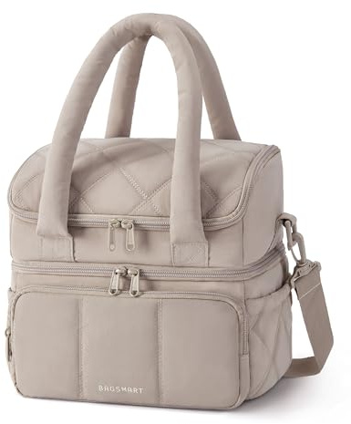 bagsmart kylväska isolerad lunchväska dam dubbelnivå vattentät | 12 l, puffy, med bärhandtag mörkrosa, med dubbla dragkedjor, för picknick, kontor, camping och resor