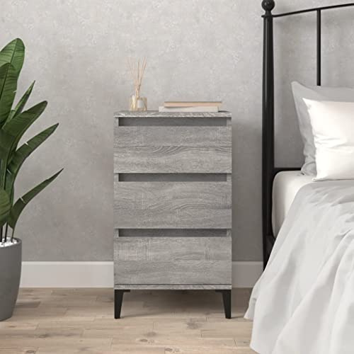 YuuSsea Mesita de noche gris Sonoma 40 x 35 x 70 cm, madera, 3 cajones, patas de metal, mesa auxiliar moderna para dormitorio, estilo industrial, resistente