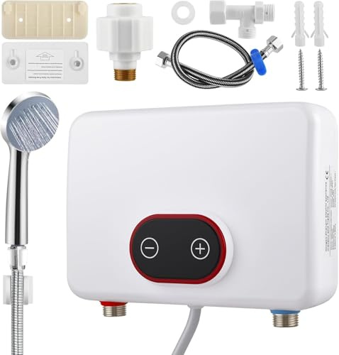 Eirolace Scaldacqua istantanea elettrico da 5,5 kW, 220 V, con display digitale e modalità di alimentazione a 3 livelli, IPX4 30-52 ℃ per doccia, cucina e giardino [classe energetica A] – con pioggia