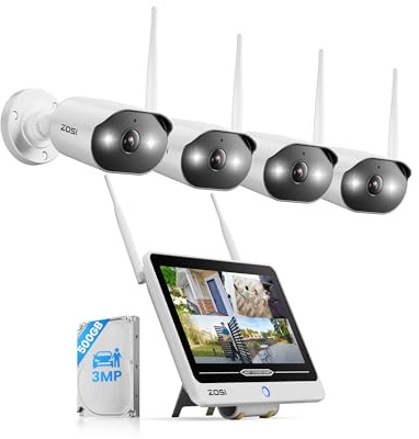 ZOSI 2K Wi-Fi 6 - Cámara de vigilancia Exterior con Monitor NVR de 12, Disco Duro de 500 GB, 4 cámaras WiFi de 3 MP con 2 vías de Audio, reconocimiento de Personas con IA y visión Nocturna de Color