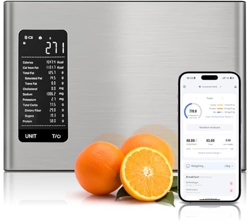 Küchenwaage Digital mit Nährwertrechner & Kaloriendatenanalyse, 20 Nährstoffe,10kg / 0,01g Intelligente Küchenwaage mit LCD-Display,Kalorienanalyse,Tara-Funktion und 7 Maßeinheiten,für Fitness,Kochen