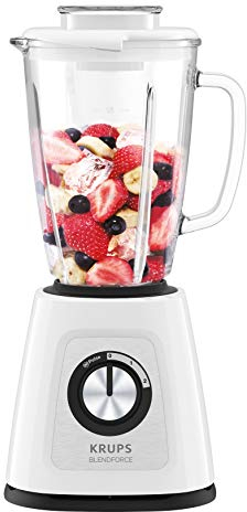 KRUPS BLENDFORCE+ Standmixer KB4351 (800W, 1,75 L hitzebeständigem Glasbehälter, 6 Messer mit POWELIX-Technologie [30% schneller], 2 Geschwindigkeiten + Pulse, Ice crush-Funktion) Weiss