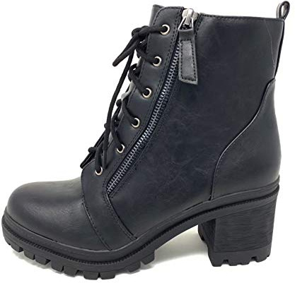 Soda Indiana Women's Faux Leather Lace Up High Chunky Heel Ankle Booties (Black Pu, US Footwear Size System, Adult, Women, Numeric, Medium, 8)