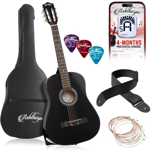 Ashthorpe 38-inch Beginner Acoustic Guitar (Black), Starter Kit with Gig Bag, Extra Strings, Strap, Picks, and Lessons