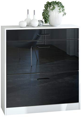 Vladon Shoe Tipper Cabinet Elvas 89 x 95.5 x 27 cm, Carcass in White Matt, Front in Black High Gloss | Many colour options