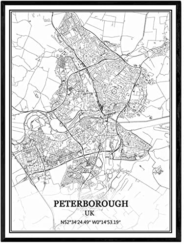 YMXCNM Canvastryck väggkonst bild, Peterborough karta affischer tryck konstverk icke-inramade bilder moderna svartvita målningar souvenir gåva heminredning, 40 x 50 cm/15,74 x 19,68 tum
