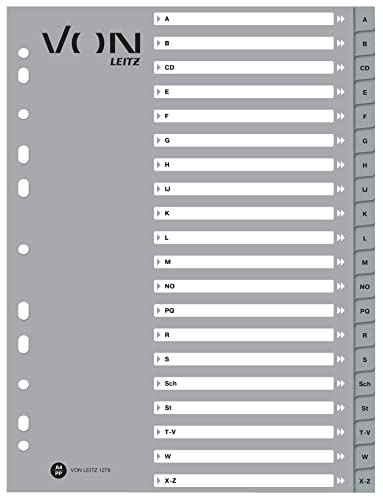 VON Leitz 12790085 - Paquete de 10 índices del alfabeto A-Z DIN A4, cartón con pestañas de polipropileno, von Leitz Leitz, índice universal de 11 agujeros para carpetas, carpetas de archivos y