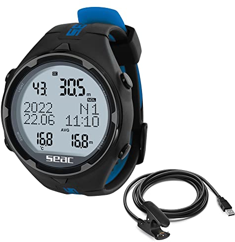 Seac Action, Tauchcomputer für Gerätetauchen und Freediving, Logbuch, Dive Planner, Safety Alarme, schwarz/blau HR + USB