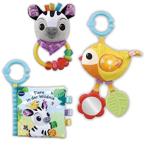VTech Baby - Babys Tierfreunde-Geschenkset – Spielzeug-Set aus Stoffbuch, singendem Vogel und Zebrarassel – Für Kinder von 0-24 Monaten