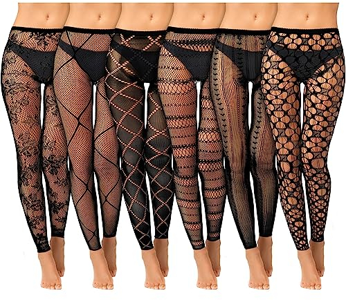 HICARER 6 Paar Halloween Fischnetz Strumpfhosen Fußlose Netzstrumpfhosen mit Hoher Taille Gestreifte Netz Leggings, Schwarz