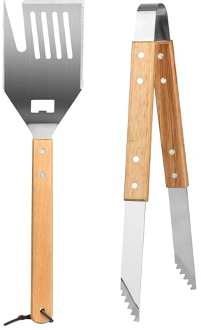 Yeswell Grillbesteck-Set 2-TLG, 5 in 1 Grillspachtel, Edelstahl GrillZubehör Grillzange Kreativer Grillwender mit Fleischgabel, Multifunktion Grillbesteck mit Langen Holzgriffen und Aufhänge-Ösen