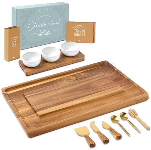 Grazerie Charcuterie Boards Set - Acacia Cheese Board for Serving with Accessories - House Warming Gifts for New Home, Bridal Shower & Wedding Gift, Birthday Gifts for Women
