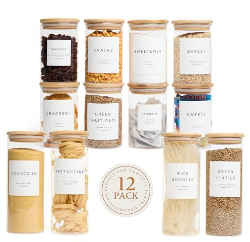 Livabl Glass Storage Containers with Lids – Set of 12 (8 x 600ml & 4 x 1000ml) Glass Jars with Lids Bamboo & 420 Pre-Printed Pantry Labels – Kitchen Storage Containers for Organising Pantry Essentials