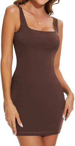 SHAPERIN Sommarklänning för kvinnor, kort bodycon-tanktopp-klänning, ärmlös, ribbad figurnära miniklänning, kantig urringning, klänningar, tajt, BRUN, XXL