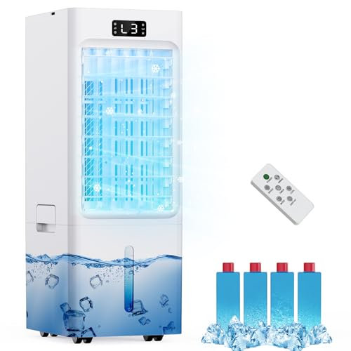 Climatiseur Mobile 4 en 1, Refroidisseur d'air, Ventilateur, loniseur, Humidificateur, avec 1-12H Minuterie, 3 Vitesses 3 Modes, 4 Pack Glacons, Réservoir 6L, Télécommande, Portable, Silencieux