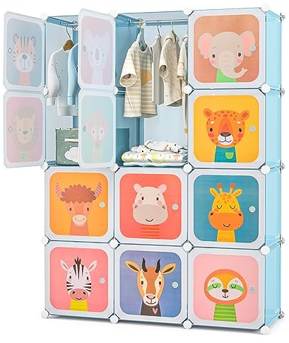 DREAMADE Kinderkleiderschrank mit 8/12 Würfeln, Kinder Kleiderschrank Regalsystem aus Kunststoff, Kinderschrank mit Türen & Kleiderstange für Kinderzimmer, 110x37x145cm (12 Würfeln-Tier-Blau)
