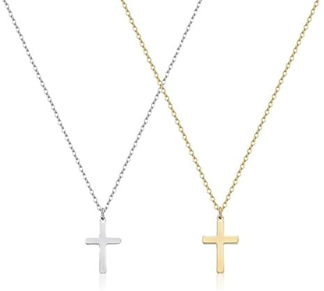Chain with Cross 2 PCS,Cross Necklace Men for Boys & Girls Silver Cross Necklace Hypoallergenic Cross Chain for Birthdays，Christmas,Easter,Thanksgiving,Silver+Gold,Small Size