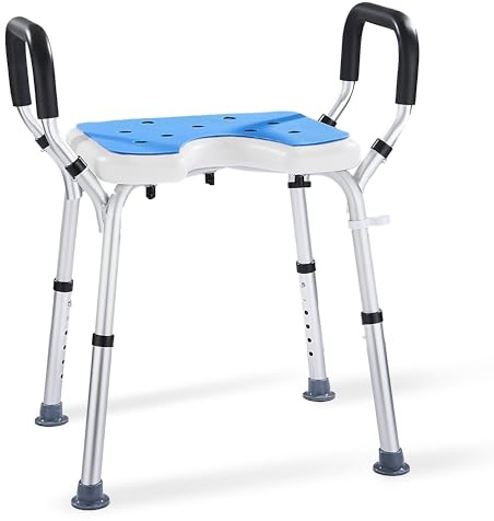 Modundry Duschhocker Höhenverstellbar mit Armlehnen, Duschstuhl für Senioren Rutschfest Gummifüße Duschhilfe für Behinderte und Schwangere, Duschsitz für Dusche Badehocker Badstuhl belastbar bis 150kg