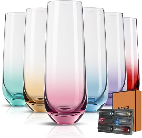 GLAZVIA Stemless Champagne Flutes Glasses Set of 6-10oz Multi Colored Glass, Unique Colorful Champagne Flute Gift for Wedding, Anniversaries, Parties, Birthday, Restaurant, Home Bar