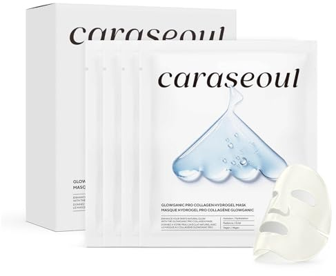 caraseoul Glowganic Pro Collagen Hydrogel Maske – Niacinamid & Adenosin für Glass Skin & Porenverfeinerung – Vegane Koreanische Hautpflege (K-Beauty) für Home-Spa & Self-Care [4er Pack x 34g]