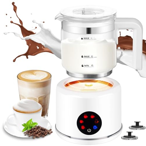 Milk Frother and Steamer, 6 in 1 Milk Steamer and Milk Warmer, 17oz Auto Shut Off Electric Frother with Touch Screen, Hot/Cold Foam Maker for Coffee, Latte, Cappuccino, Hot Chocolate,White