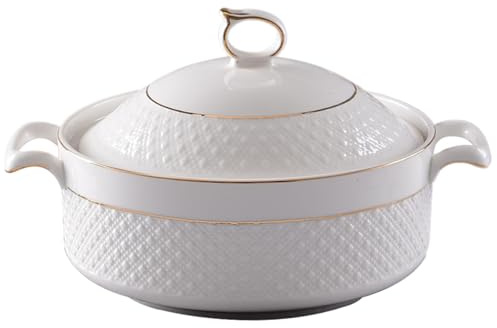AZIDWERYQ Zuppiera in ceramica, ciotole da portata bianche da 1, 5 l con bordo dorato Zuppiera a doppio manico con coperchio e set di mestoli per pasta, ciotola per punch con mestolo