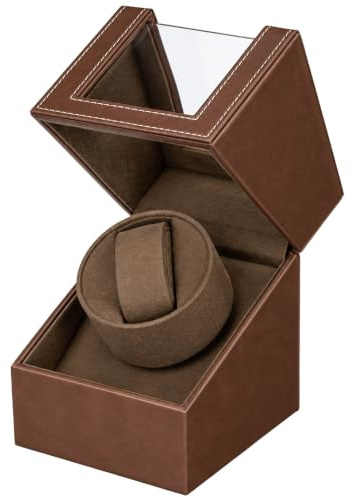 Mcbazel Single Watch Winder for Automatic Watch-Brown | Silent Motor, 4 Rotation Modes, Dual Power Supply, Adjustable Pillow, PU Leather Storage Display Case for Gift