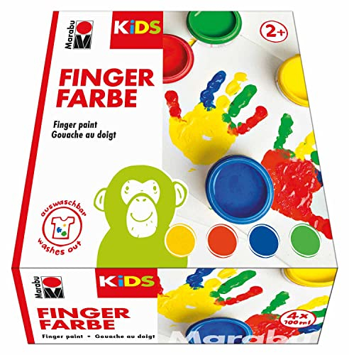 Marabu 0303000000080 - Kids Fingerfarbe Set mit 4 leuchtenden Farben á 100 ml, parabenfrei, vegan, laktosefrei, glutenfrei, geeignet zum Malen in Kindergarten, Schule, Therapie und zu Hause