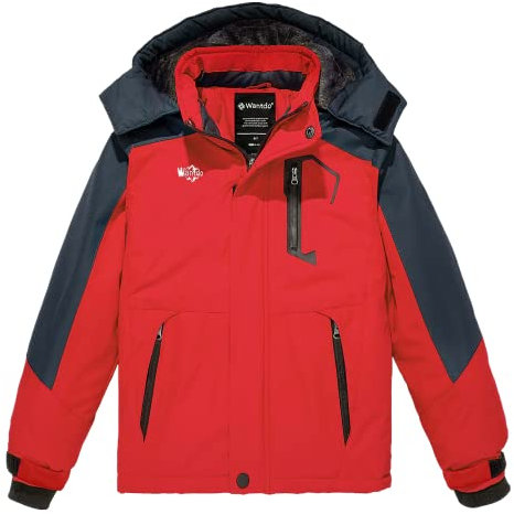 Wantdo Jungen Ski Winterjacke Wandern Freizeit Outdoorjacke wasserdichte Winddichte Snowboardjacke Fleece-Futter Regenjacke Kapuze Mäntel Rot 116-122
