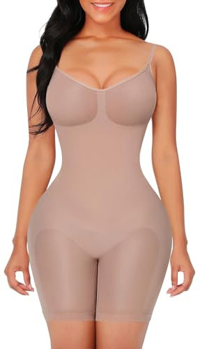 FeelinGirl Shapewear Damen Body Shaper Bauchweg Sculpting Nahtloser Atmungsaktiver Bodysuit mit Verstellbarem Schultergurt Überbrust V-Ausschnitt Beige M/L