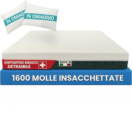 Francegaglia® Materasso Matrimoniale a Molle Insacchettate & Memory con Fascia 3D Traspirante + 2 Cuscino in Fiocco di Memory - Alto 25cm - Detraibile - Mod. Healthy Relax (160x200)