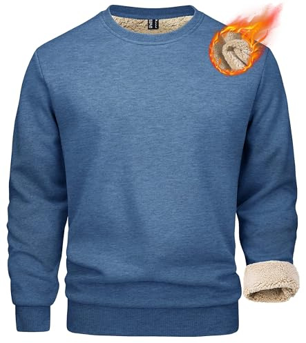 MAGCOMSEN Herren Pullover Langarmshirt Winter Rundhalsausschnitt Sweatshirt Männer Long Sleeve Crewneck Shirt Warme Gym Fleecepulli Verdickt Joggingshirt Grau Blau L