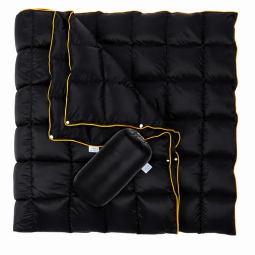 Lvkiss Down campingfilt, 100 % ankdun fyllning håller värmen inne och kylan ute, stor, bärbar, vattentålig, för vandring, utomhus, överlevnad (svart, 184 cm x 199 cm)