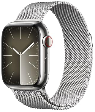Apple Watch Series 9 (41 mm GPS + Cellular) Smartwatch avec boîtier en Acier Inoxydable et Bracelet Milanais Argent. Suivi de l’activité Physique, apps Oxygène sanguin et ECG, résistance à l’Eau
